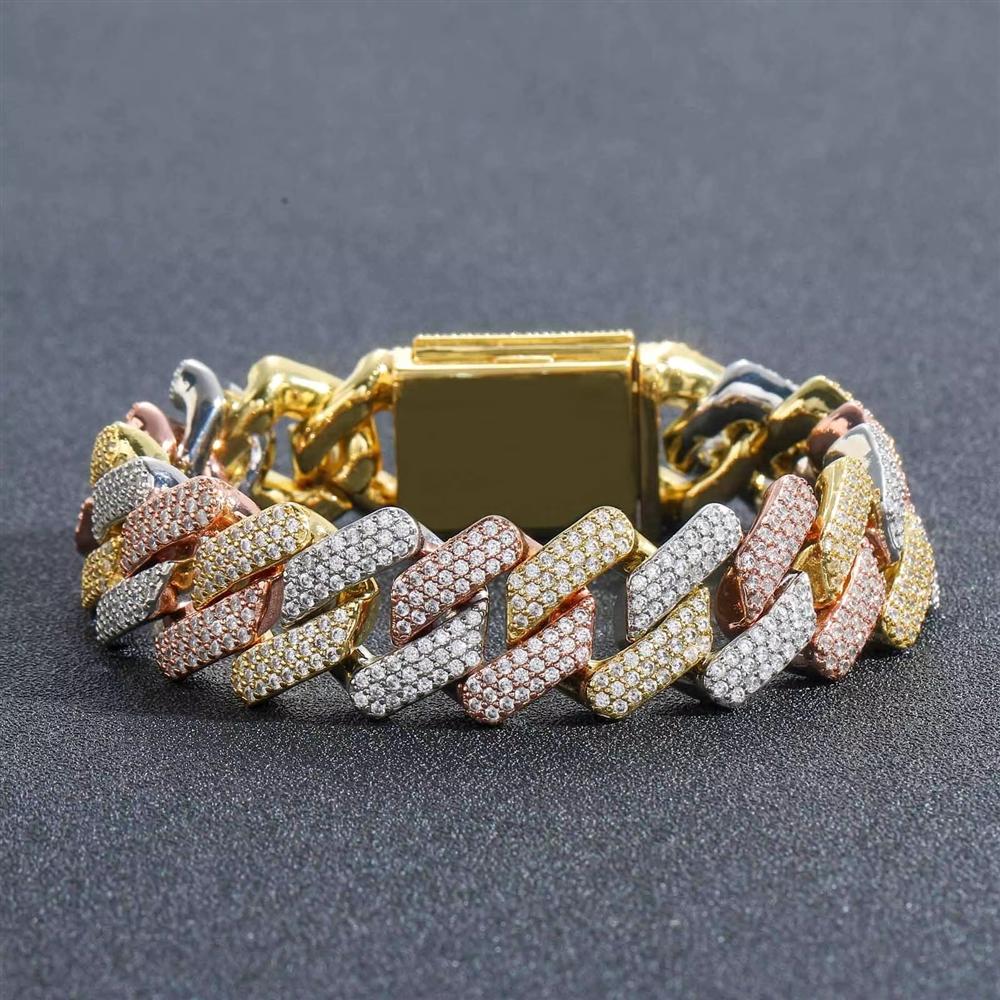 20mm Iced Out 5A CZ Messing Drei Töne Krappen Cuban Link Armband Kastenverschluss Hip Hop Schmuck für Herren