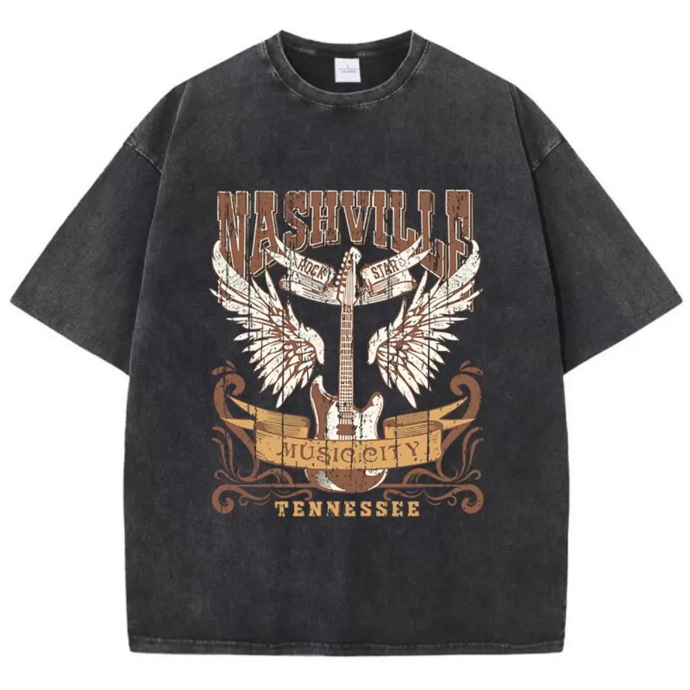 Summer Women Cotton Washed T-Shirts Nashville Music City Tennessee Print Tee Shirts Distressed O-Neck Loose Tops Female Clothes