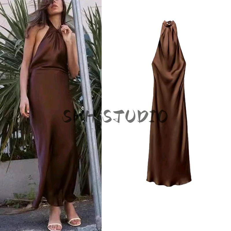 Spring New Women's Clothing French Hanging Collar Pleated Decoration Open Back Silk Satin Texture Dress 3274548