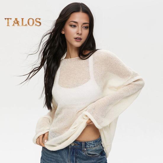Women Knitting T-shirt Round Neck Flared Long Sleeve Hollow Tee Shirt Solid Color Loose Fit See-through Thin Knitting Tops