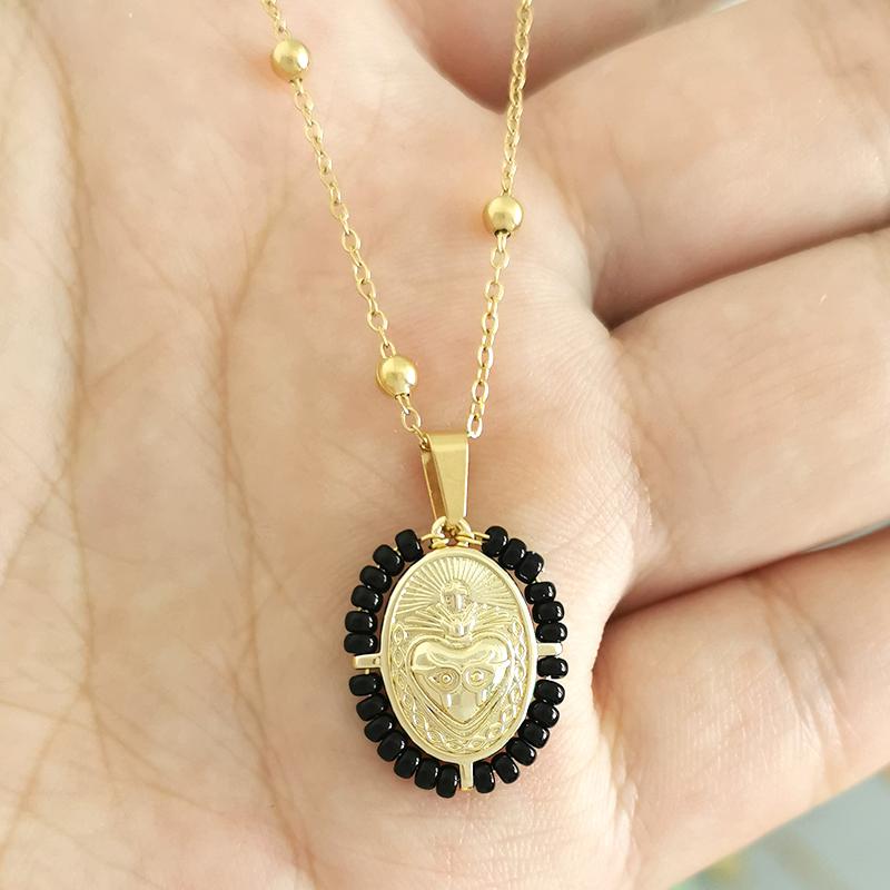 QMHJE Virgin Mary Pendant Charm Necklace Women Cross Scared Heart Jesus Choker Seed Beads Stainless Steel Chain Gold Color Mom
