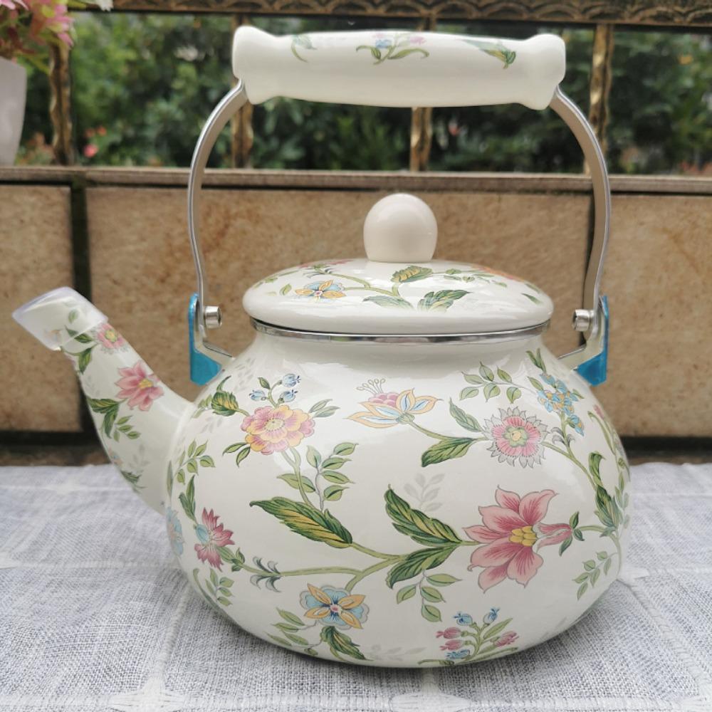 Thickened Chinese Style Enamel Teapot 2.5L Floral Enameled Tea Jug Pear-shaped Antiscald Handle Coffee Pot Gas Induction Cooker