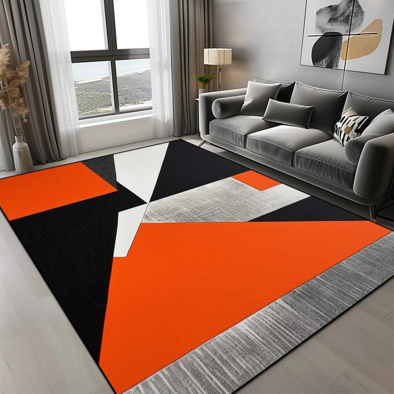 Modern Geometric Area Rug Orange Grey Triangle Block Print Soft Non Slip Carpet for Living Room Bedroom Decor