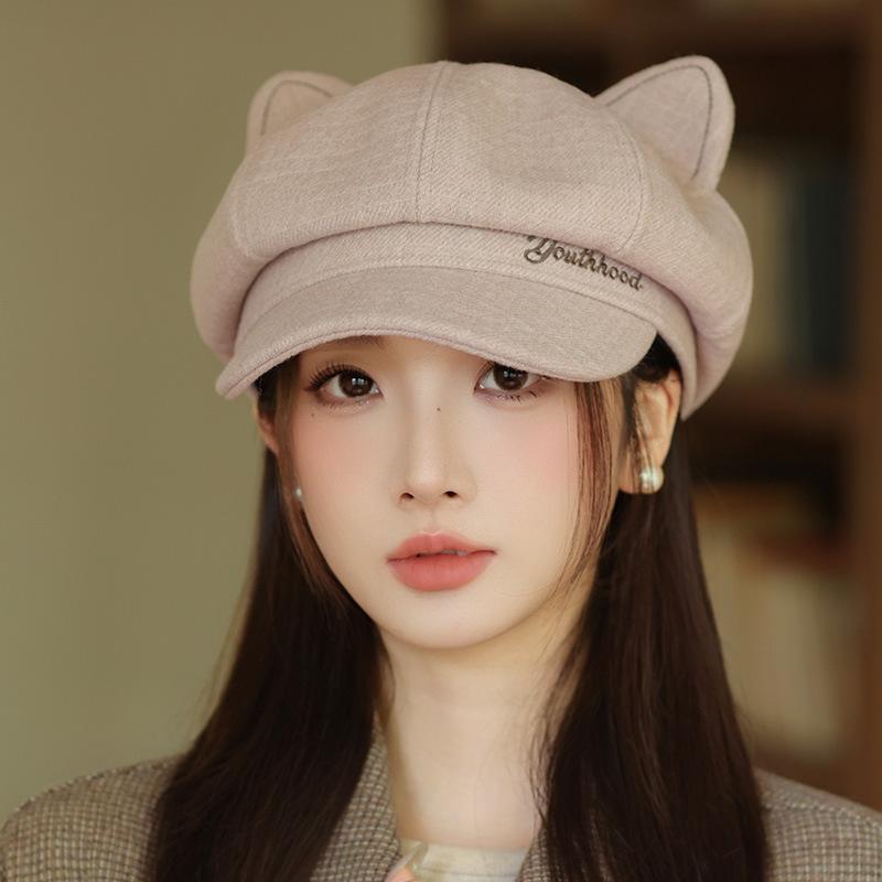 Hat Autumn and Winter Women's Cute Embroidered Letters Cat Ears Beret Painter Hat