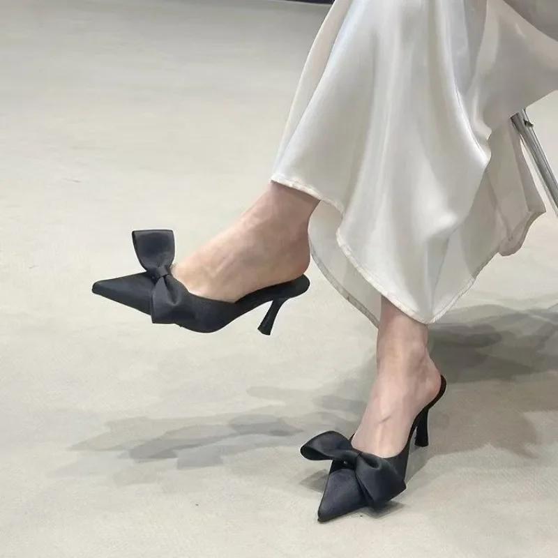 Fashion Summer Women's Slippers Pointed Toe Bow Tie Dress Sandals 2025 New Fashion Closed Toe Thin Heel Elegant Modern Slippers Zapatos
