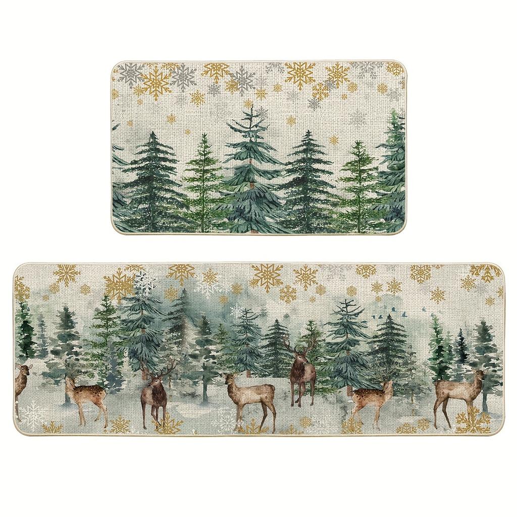 1Pcs Anti Fatigue Kitchen Rugs Xmas Trees Deer Snowflakes Waterproof Non-Slip Thick Cushioned Kitchen Mat Heavy Duty Comfort Standing Mat for Kitchen