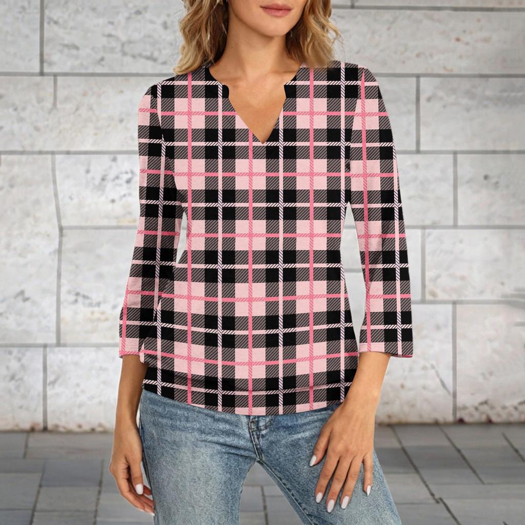 Women's 3/4 Sleeve Top Neck Hem V,Neck Summer Casual ,Shirt Plaid Printed Top