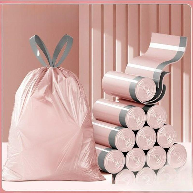 

Утолщенный и увеличенный пакет для мусора из порошка ледяной ягоды с затягивающимся шнурком, пластиковый пакет с ручками для кухни Sixteen pieces, 45*50cm розовый