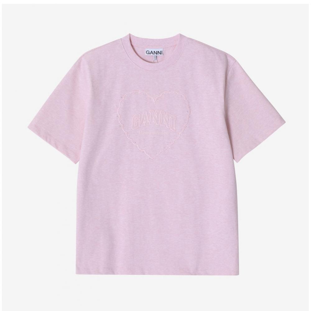 Ganni T4090 868 Heart RhineStone Logo Women S Short Sleeve Tee
