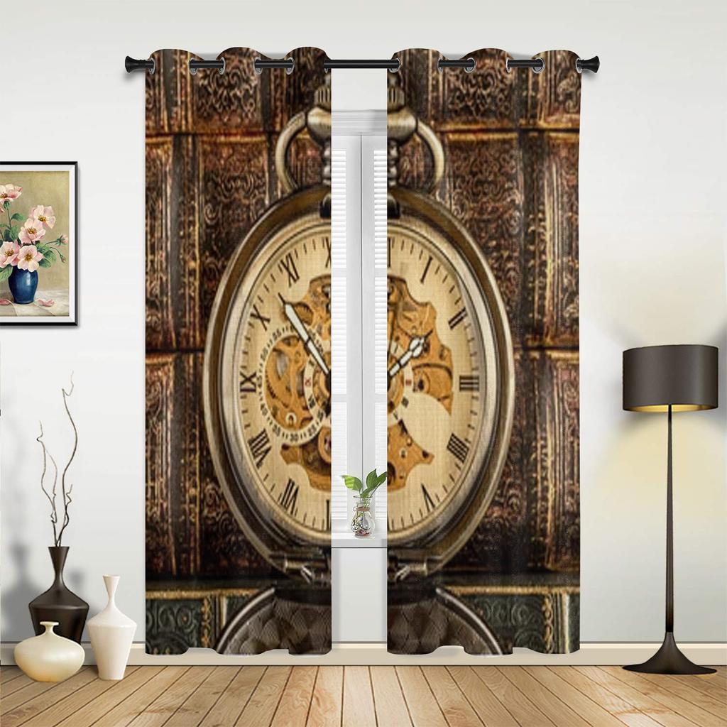 Antique Clock Window Curtains For Living Room Luxury Bedroom Decor Drapes Kitchen Window Treatments Curtains