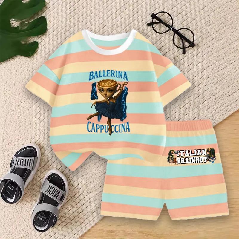 Boys Summer Striped Outfit Set Kids Cartoon Animal Print Short Sleeve T-shirt and Shorts for Play Outdoor