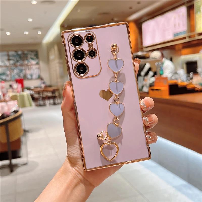 Plating Silicone Bracelet Case For Samsung Galaxy S25 S24 S22 S23 S21 Ultra Plus FE A55 A54 A53 A52 5G Shockproof Armor Covers