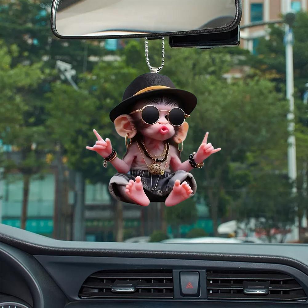 Nový 2D akrylový personalizovaný přívěsek Kreslená dekorace zpětného zrcátka Autopříslušenství Ozdoba Auto opice závěsná W7c8