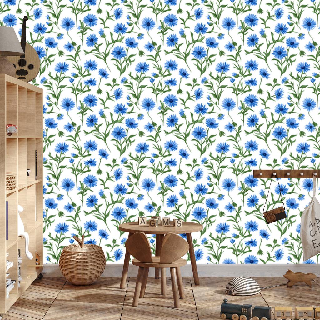 Wallpaper Flowers and Leaves White and Azure for Living Room and Bedroom 50x1000