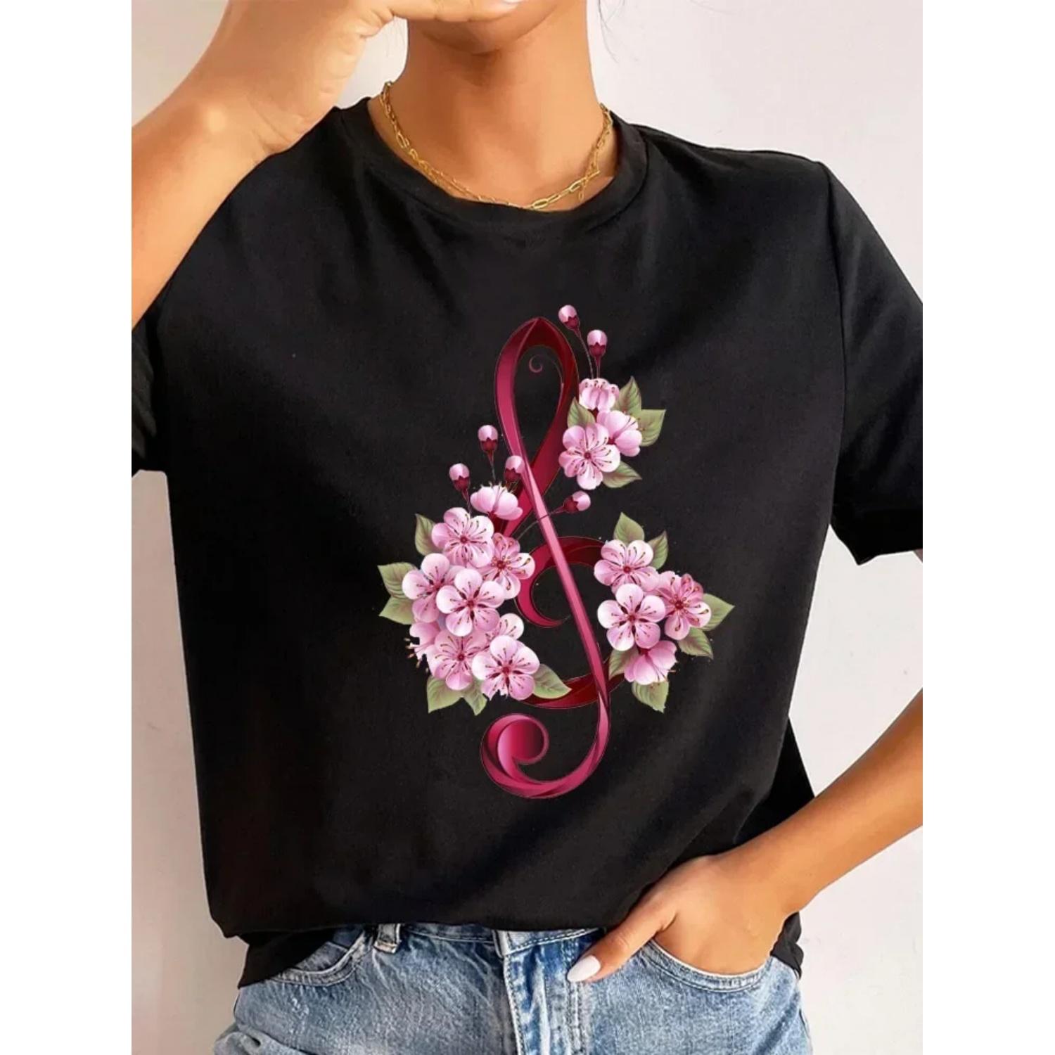 

Music Notation Flower Printed T Shirt Fashion Women Short Sleeve Round Neck High Quality Cotton Tee Shirt S чёрный