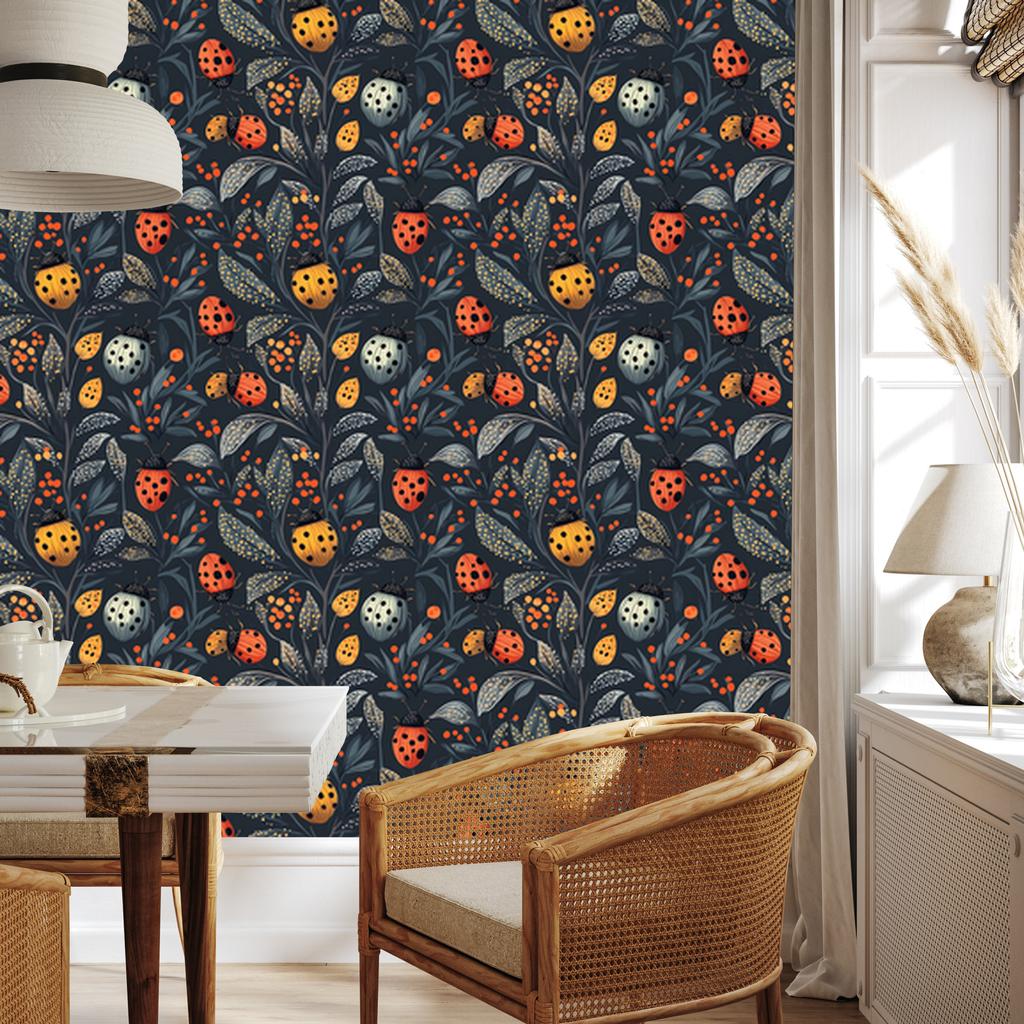 Ladybugs Wallpaper Navy Blue and Graphite for Living Room and Bedroom 50x1000