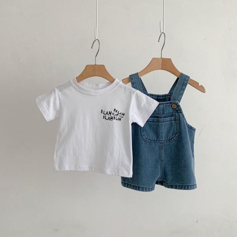 Chic Girls Denim Suspender Shorts Set Adorable Baby Cotton White Short Sleeve Outfit 80cm/31.50in