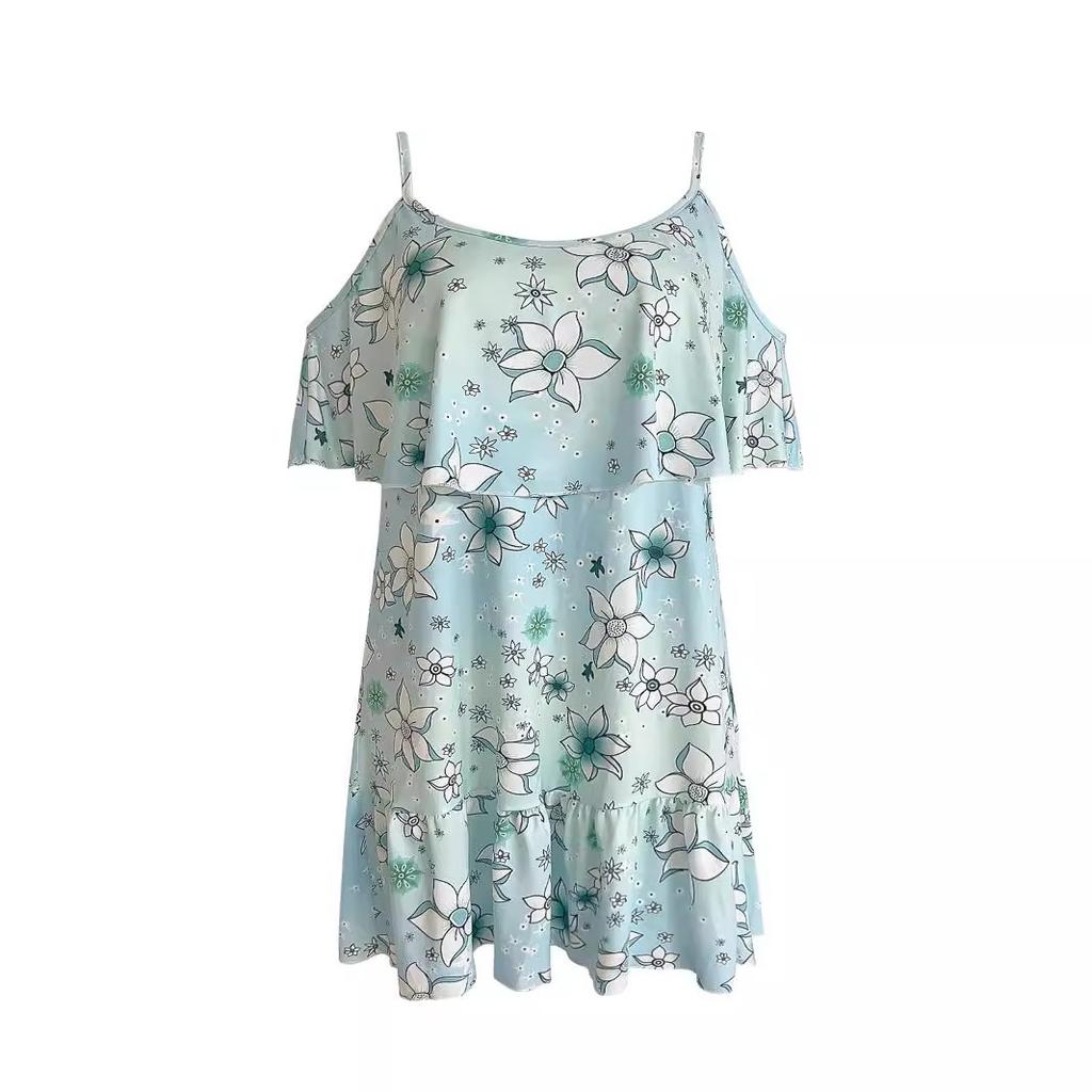 Summer European and American new products Bohemian flower print temperament cold shoulder pleats suspender dress