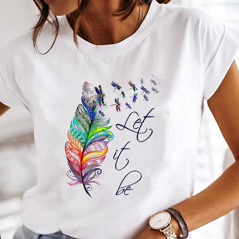 (European Size) Summer Fashion Dragonfly Dandelion Plant Short Sleeve Women Print Tee Top T-shirt  Lady Female Clothing Casual Graphic T-shirt