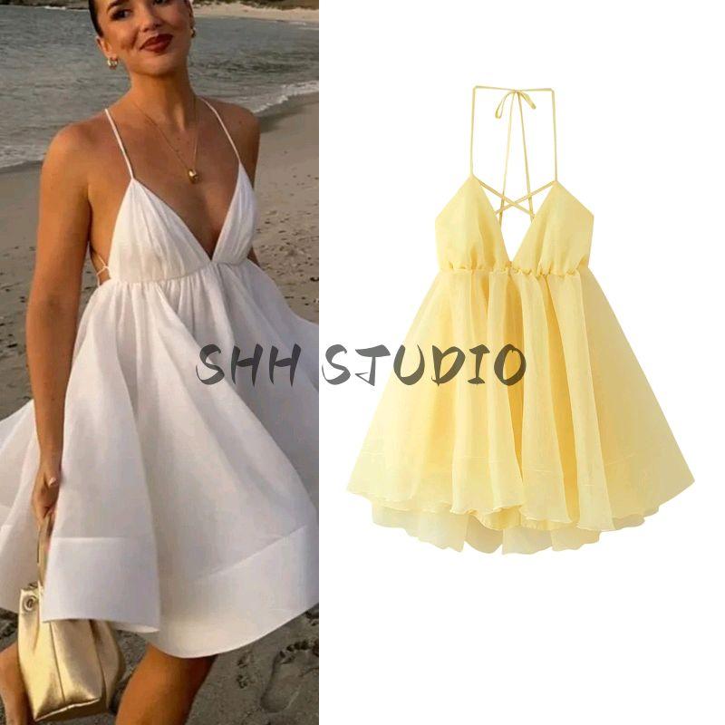 Spring and Summer New Women's Clothing Fashion Wind Commute Minimalist Easiest for Match V Neck Sleeveless High Waist A- Line Sling Dress