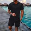 Herren Casual Unifarben Jacquard Kurzarmhemd und Shorts Zweiteiliges Urlaubsset