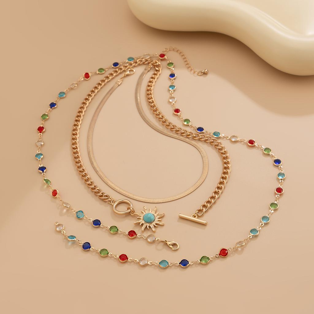 IngeSight.Z 3 Stück/Set Boho Bunt Kristall Lange Kette Sonnenblumen Anhänger Halskette Damen Einfach Flach Schlangen Kette Choker Schmuck