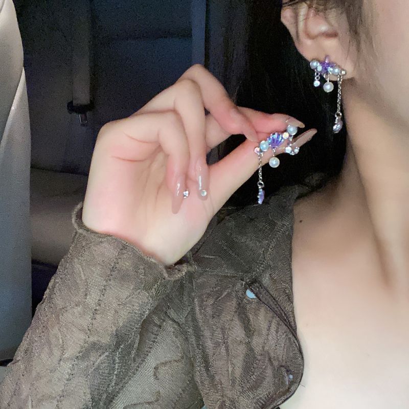 

Sweet Cool Style Purple Starfish Shell Stud Earrings Super Fairy Asymmetric Tassel Ocean Style Earrings Eardrops Ear Clip without Pierced Ears Ear clip
