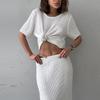 Women's Casual Suit Short Sleeved Hollowed Out Top Knitted Half Skirt Set Solid Color Versatile Summer Refreshing Wearing Temperament Elegant Dress