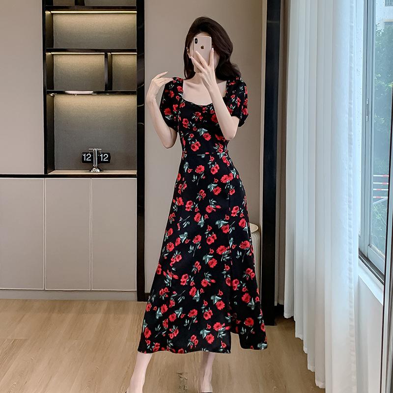 Summer 2024 French Square Neck Rose Print Dress - Gentle Style