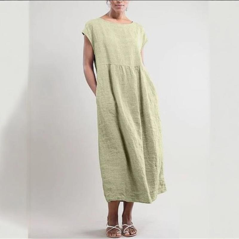 Spring/Summer Short Sleeve Loose Dress Casual Solid Color Pocket Dress for Women