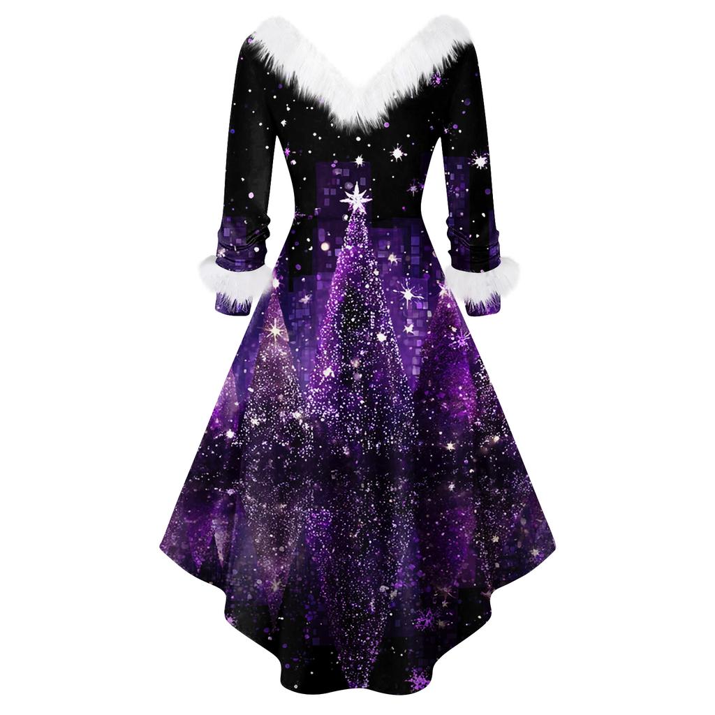 Dámské módní ležérní přiléhavé šaty s vánočním potiskem na párty s dlouhým rukávem