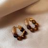Copper Zircon Pearl Tiger's Eye Back-Hanging Earrings - Light Luxury Design for Autumn/Winter