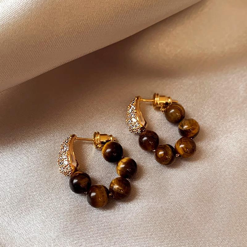 Copper Zircon Pearl Tiger's Eye Back-Hanging Earrings - Light Luxury Design for Autumn/Winter