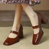 Vintage Brown Single Shoe Women's 2025 New Shallow Slip-on High Heel Shoe Thick Heel Mary Jane Woman's Summer Flat