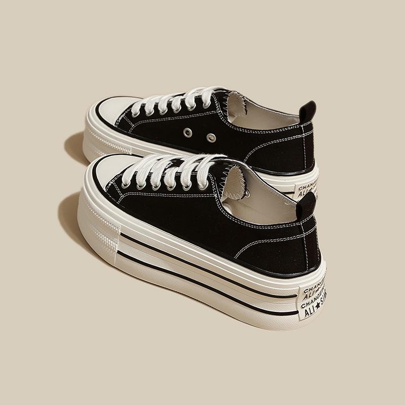 

Туфли на платформе Gu Yun, женская обувь из парусины 2024 года, новая корейская версия, повседневная обувь, завышенная закругленная носовая часть, низкие туфли на шнуровке, маленькие белые туфли 35 чёрный