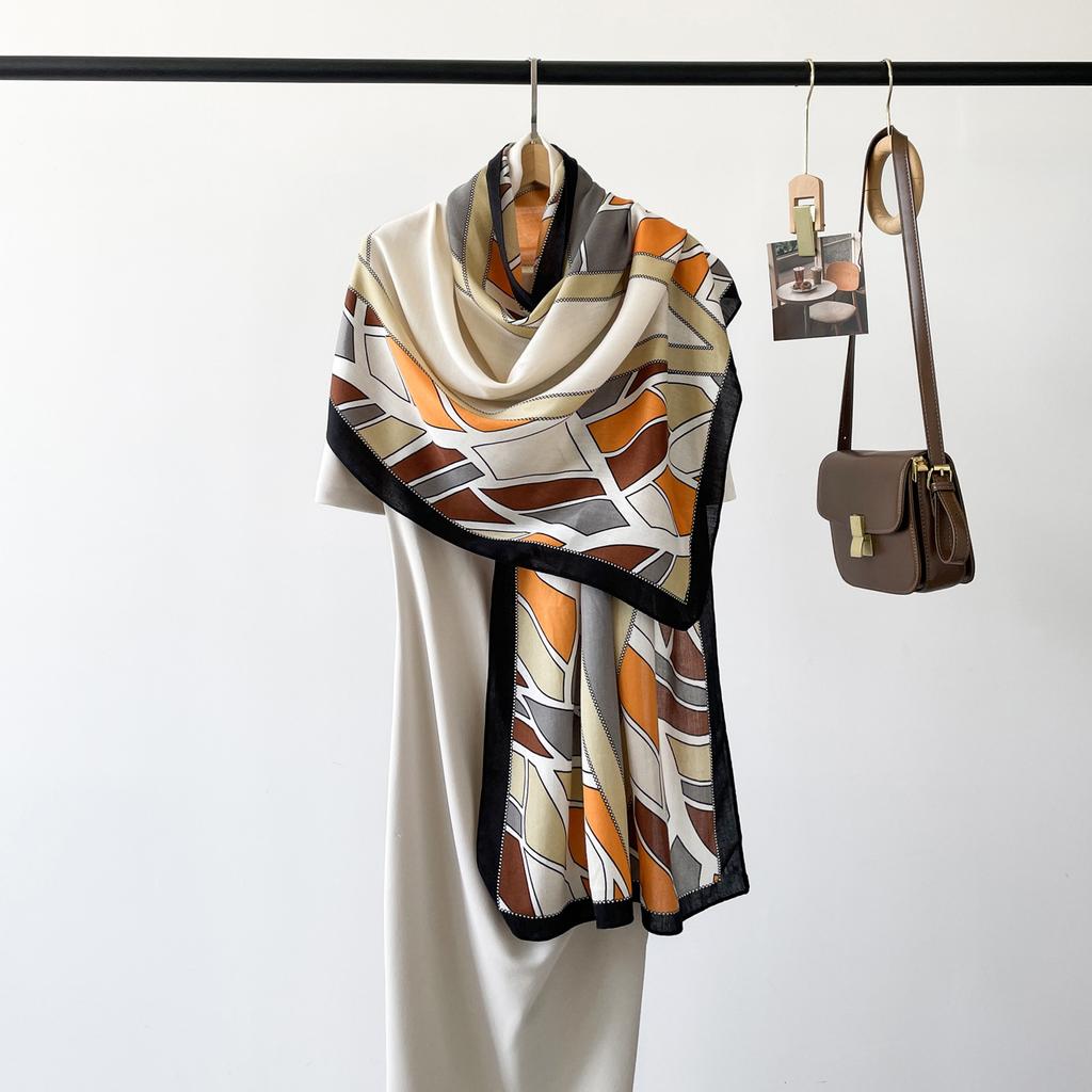 Autumn New High End Touching Word Pattern Silk Scarf for Women Lake Color Geometric Printing Imitation Silk Satin Shawl