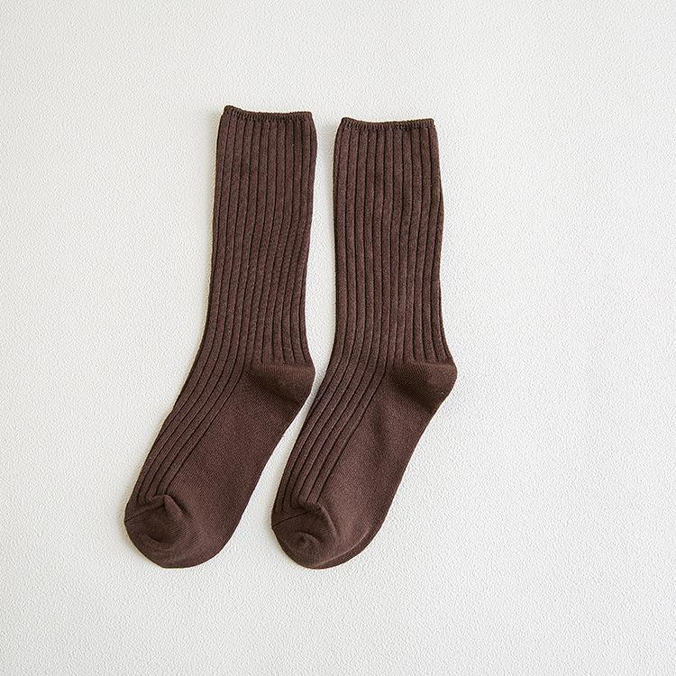 Women's Striped Double Needle Pile Socks: Pure Color, Long Cotton for Autumn/Winter, Trendy & Stylish.