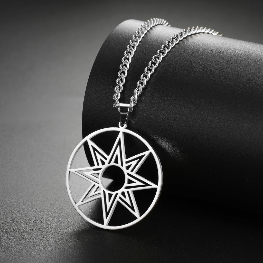 Titanium Steel Cut Circle Ring Eight Point Star Pendant Necklace Unisex Hip Hop Punk Jewelry