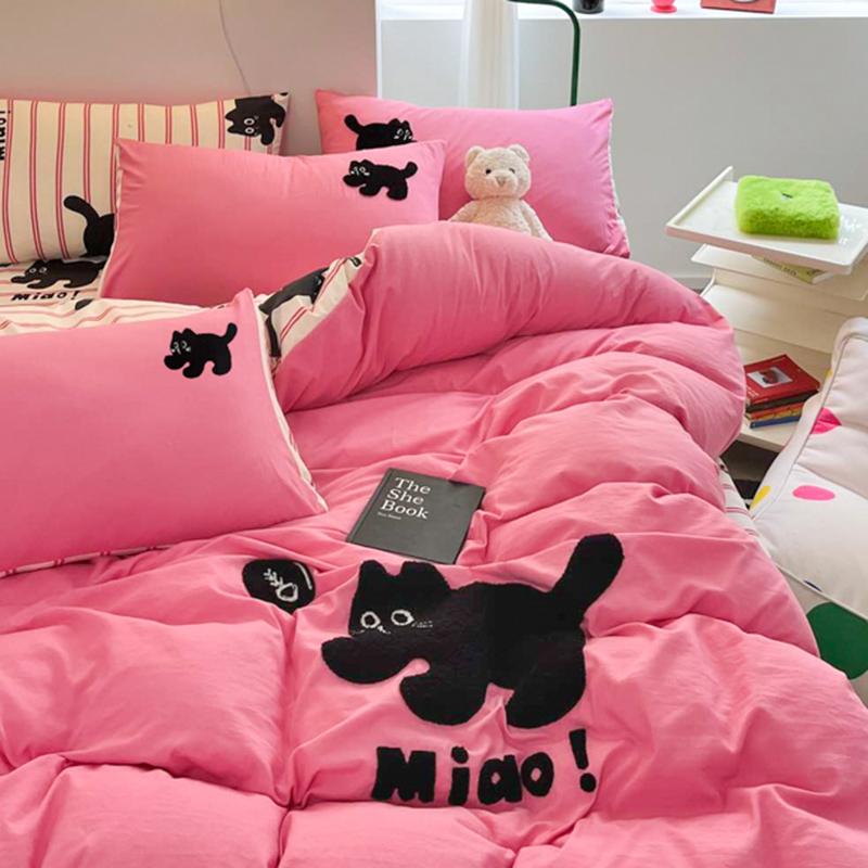 Ins Pink Stripe Bedding Set Towel Embroidery Duvet Cover Set Queen Twin Full Size Bed Flat Sheet Quilt Cover Pillowcases Kawaii