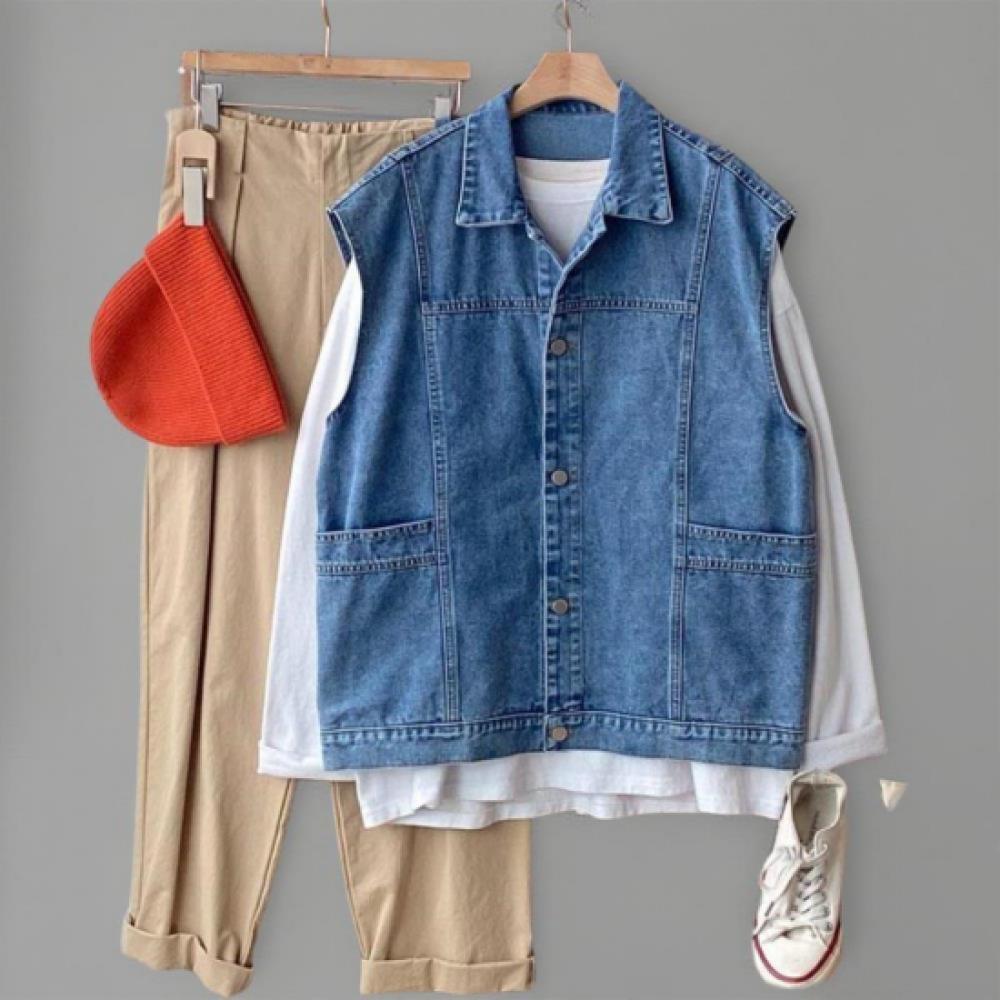 New Arrivals Open Run Women Loose Fit Pocket Denim Long Vest