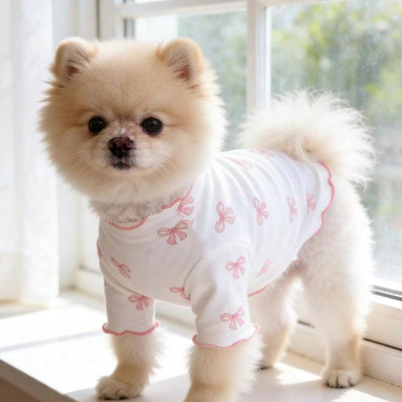 1pc Pet Dog/Cat Clothing, Allover Print with Pink Bow Tie, Breathable & Comfortable Knit Sweater, Suitable for Poodle, Chihuahua, Teddy, Spring/Autumn