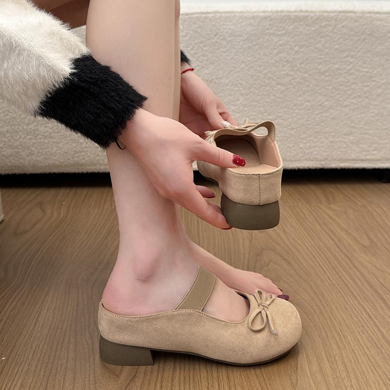 French Baotou Semi-slippers Women's Outer Wear 2026 New Block Heel Bow Knot Cool Drag Inner Heightening Single Shoes