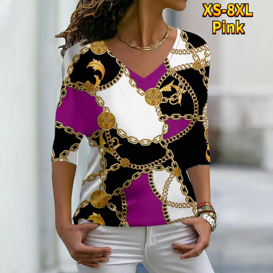 Kvinnor Höstblommor en guldkedja tryckta långärmade T-shirts Lös V-ringad T-shirt i plusstorlek Toppar Bekväm blus