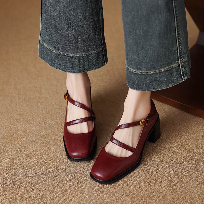 Krazing Pot Sheepskin Round Toe Size 41 Chunky High Heels Buckle Straps Vintage Autumn Pumps