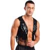 Mens Shiny Sequin Cowboy Vest Tops Open Front Sleeveless Tassels Cardigan