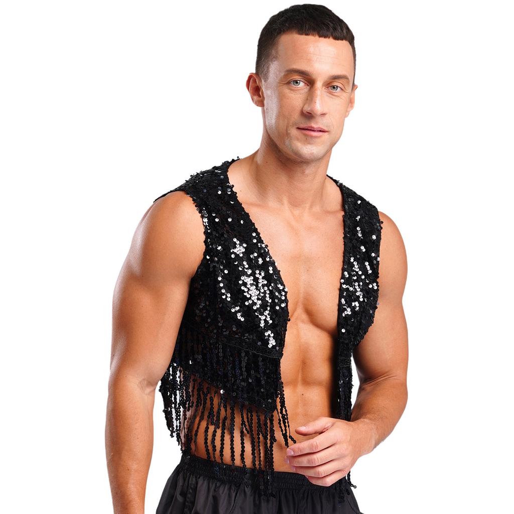 Mens Shiny Sequin Cowboy Vest Tops Open Front Sleeveless Tassels Cardigan