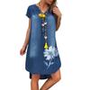 Fashion Women's Casual Printed V-Neck Short Sleeve Knee Length Denim Dress