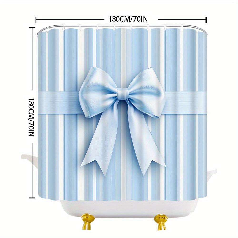 Elegant Blue Satin Bow Shower Curtain - Light Blue & White Striped Design, Calming Pastel Style, Machine Washable Polyester