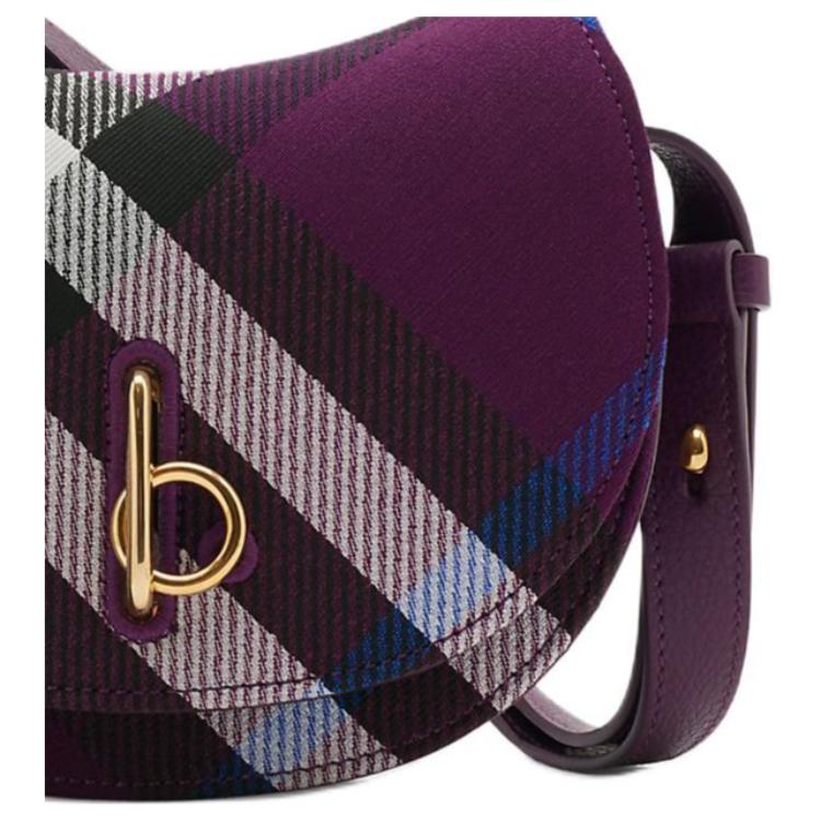 Burberry Purple Check Saddle Crossbody Bag, Luxury Gold-Tone Turn-Lock Hardware Adjustable Strap Shoulder Handbag for Women, Daily Commut 80950611