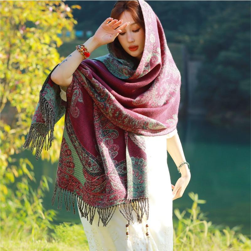 New cashew flower scarf dual-purpose long Xizang Qinghai travel windproof and warm fringed shawl